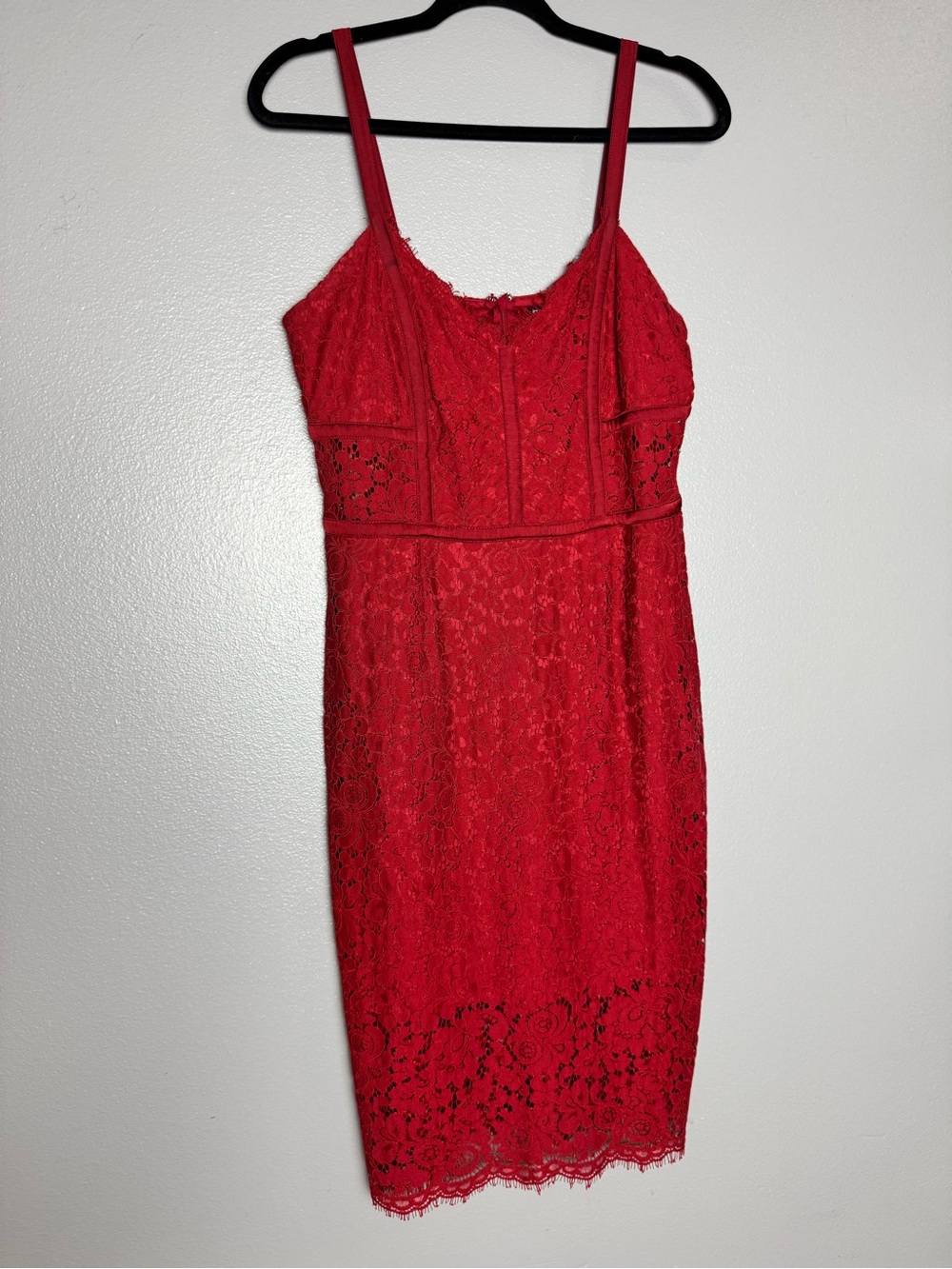 Express Red Lace Midi Dress with Spaghetti Straps